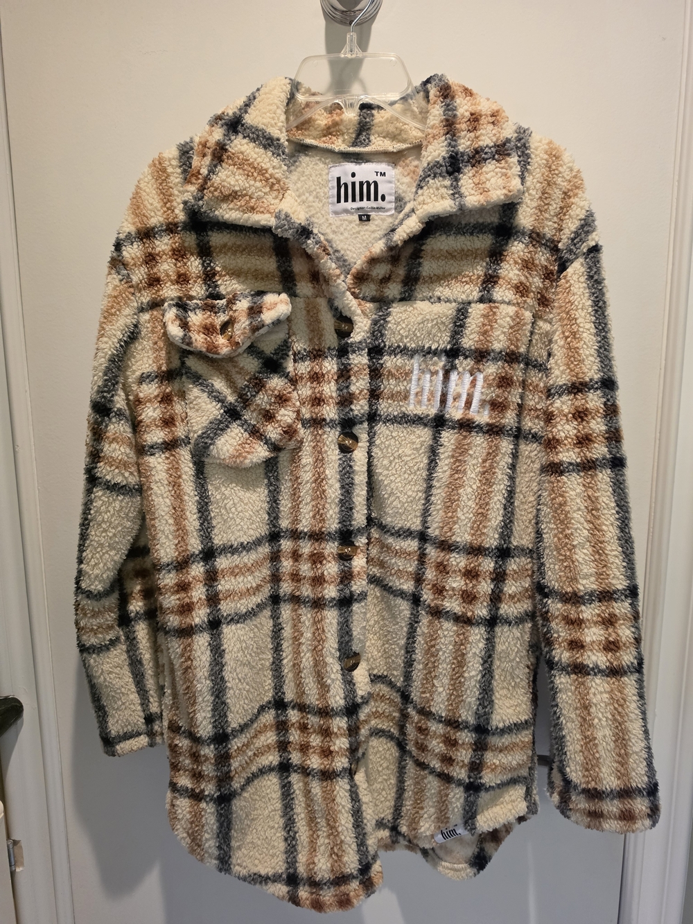 Men's Cream Plaid Sherpa Button-Down Shirt Jacket Size Medium
